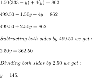 1.50(333-y)+4(y)=862\\\\499.50-1.50y+4y=862\\\\499.50+2.50y=862\\\\Subtracting\ both\ sides\ by\ 499.50\ we\ get:\\\\2.50y=362.50\\\\Dividing\ both\ sides\ by\ 2.50\ we\ get:\\\\y=145.