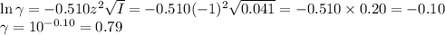 \ln \gamma = -0.510z^{2}\sqrt{I} = -0.510(-1)^{2}\sqrt{0.041} = -0.510\times 0.20 = -0.10\\\gamma = 10^{-0.10} = 0.79
