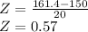 Z=\frac{161.4-150}{20} \\Z=0.57