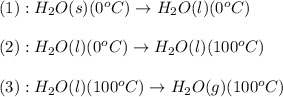 (1):H_2O(s)(0^oC)\rightarrow H_2O(l)(0^oC)\\\\(2):H_2O(l)(0^oC)\rightarrow H_2O(l)(100^oC)\\\\(3):H_2O(l)(100^oC)\rightarrow H_2O(g)(100^oC)