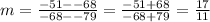 m=\frac{-51--68}{-68--79}=\frac{-51+68}{-68+79}=\frac{17}{11}