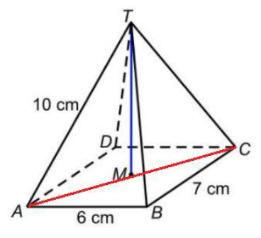 The diagram shows a 7cm x 6cm rectangle-based pyramid all the diagonal sides - TA TB TC and TD are l