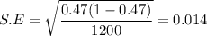 S.E = \sqrt{\dfrac{0.47(1-0.47)}{1200}} = 0.014
