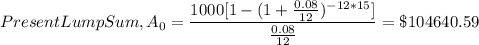 \Text{Present Lump Sum}, A_0=\dfrac{1000[1-(1+\frac{0.08}{12} )^{-12*15}]}{\frac{0.08}{12} }=\$104640.59