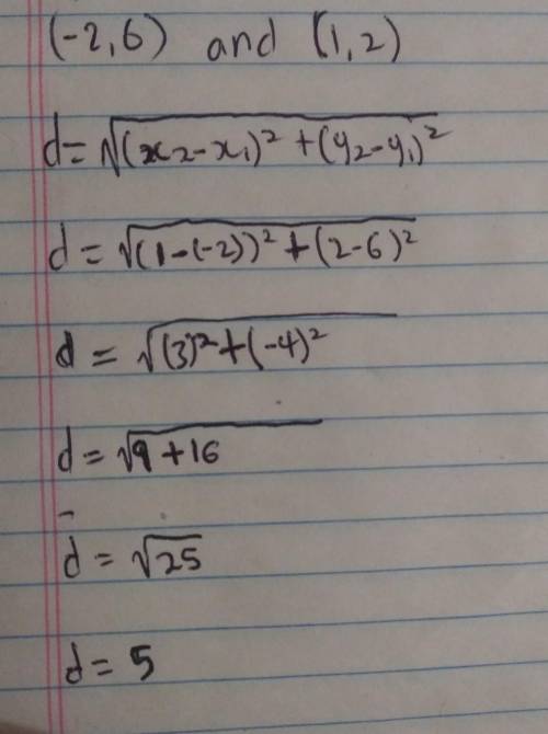 Find the distance between (-2,6) and (1,2)