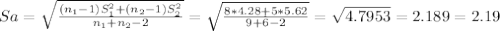 Sa= \sqrt{\frac{(n_1-1)S^2_1+(n_2-1)S^2_2}{n_1+n_2-2} } = \sqrt{\frac{8*4.28+5*5.62}{9+6-2} }= \sqrt{4.7953}= 2.189= 2.19