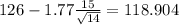 126-1.77\frac{15}{\sqrt{14}}=118.904