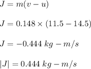J=m(v-u)\\\\J=0.148\times (11.5-14.5) \\\\J=-0.444\ kg-m/s\\\\|J|=0.444\ kg-m/s