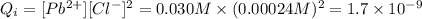 Q_i=[Pb^{2+}][Cl^-]^2=0.030 M\times (0.00024 M)^2=1.7\times 10^{-9}