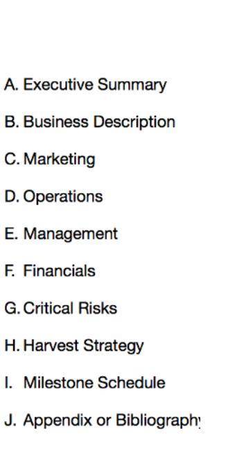 Choose the appropriate business plan segment that corresponds with the following descriptions.  a. D