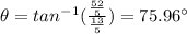\theta=tan^{-1}(\frac{\frac{52}{5}}{\frac{13}{5}})=75.96^{\circ}