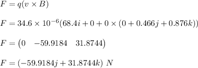 F=q(v\times B)\\\\F=34.6\times 10^{-6}(68.4i+0+0\times (0+0.466j+0.876 k))\\\\F=\begin{pmatrix}0&-59.9184&31.8744\end{pmatrix}\\\\F=(-59.9184j+31.8744k)\ N