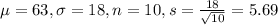 \mu = 63, \sigma = 18, n = 10, s = \frac{18}{\sqrt{10}} = 5.69