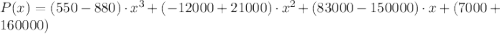 P(x) = (550-880)\cdot x ^{3} + (-12000+21000)\cdot x^{2}+(83000-150000)\cdot x + (7000+160000)