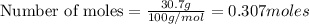 \text{Number of moles}=\frac{30.7g}{100g/mol}=0.307moles