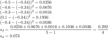 (-0.5-(-0.34))^{2}=0.0256\\(-0.6-(-0.34))^{2}=0.0676\\(-0.3-(-0.34))^{2}=0.0016\\(0.1-(-0.34))^{2}=0.1936\\(-0.4-(-0.34))^{2}=0.0036\\s_{d} =\dfrac{0.0256+0.0676+0.0016+0.1936+0.0036}{5-1}=\dfrac{0.292}{4}\\s_{d}=0.073
