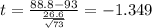 t=\frac{88.8-93}{\frac{26.6}{\sqrt{73}}}=-1.349
