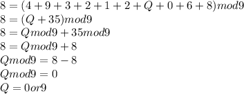 8 = (4 + 9 + 3 + 2 + 1 + 2 + Q + 0 + 6 + 8) mod 9\\8 = (Q + 35) mod 9\\8 = Q mod 9 + 35 mod 9\\8 = Q mod 9 + 8\\Q mod 9 = 8 - 8\\Q mod 9 = 0\\Q = 0 or 9