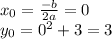 x_0 =  \frac{ - b}{2a}  = 0 \\ y_0 =  {0}^{2}  + 3 = 3