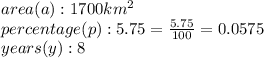 area(a): 1700km^2\\percentage(p): 5.75 = \frac{5.75}{100}=0.0575\\years(y): 8