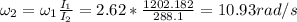 \omega_2 = \omega_1\frac{I_1}{I_2} = 2.62*\frac{1202.182}{288.1} = 10.93 rad/s