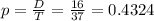 p = \frac{D}{T} = \frac{16}{37} = 0.4324