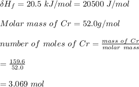 \delta H_f = 20.5 \ kJ/mol = 20500 \ J/mol  \\  \\  Molar \ mass \ of \ Cr = 52.0 g/mol \\  \\ number \ of \ moles\ of \ Cr = \frac{mass \ of \ Cr}{molar \ mass} \\ \\ = \frac{159.6}{52.0}\\\\= 3.069 \ mol