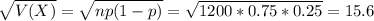 \sqrt{V(X)} = \sqrt{np(1-p)} = \sqrt{1200*0.75*0.25} = 15.6