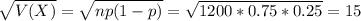 \sqrt{V(X)} = \sqrt{np(1-p)} = \sqrt{1200*0.75*0.25} = 15