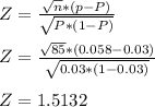 Z = \frac{\sqrt{n}*(p - P ) }{\sqrt{P*(1-P)} }\\\\Z = \frac{\sqrt{85}*(0.058 - 0.03 ) }{\sqrt{0.03*(1-0.03)} }\\\\Z = 1.5132
