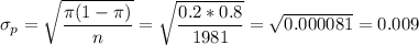 \sigma_p=\sqrt{\dfrac{\pi(1-\pi)}{n}}=\sqrt{\dfrac{0.2*0.8}{1981}}=\sqrt{ 0.000081 }= 0.009