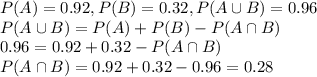 P(A)=0.92, P(B)=0.32, P(A\cup B)=0.96\\P(A\cup B)=P(A)+P(B)-P(A\cap B)\\0.96=0.92+0.32-P(A\cap B)\\P(A\cap B)=0.92+0.32-0.96=0.28
