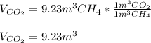 V_{CO_2}=9.23m^3CH_4*\frac{1m^3CO_2}{1m^3CH_4} \\\\V_{CO_2}=9.23m^3