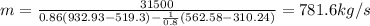 m=\frac{31500}{0.86(932.93-519.3)-\frac{1}{0.8}(562.58-310.24) }=781.6kg/s