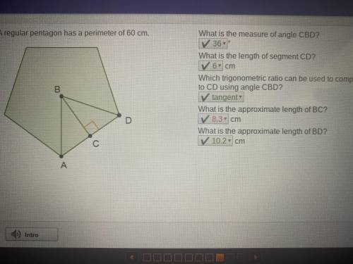 A regular pentagon has a perimeter of 60 cm what is the measure of angle CBD