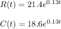 R(t)=21.4e^{0.13t}\\\\C(t)=18.6e^{0.13t}