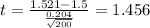 t=\frac{1.521-1.5}{\frac{0.204}{\sqrt{200}}}=1.456