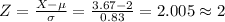 Z=\frac{X-\mu}{\sigma}=\frac{3.67-2}{0.83}=2.005\approx 2