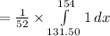 =\frac{1}{52}\times \int\limits^{154}_{131.50} {1} \, dx