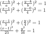 (\frac{x-h}{a})^2+ (\frac{y-k}{b})^2=1\\(\frac{x-1}{5})^2+ (\frac{y-0}{4})^2=1\\\\(\frac{x-1}{5})^2+ (\frac{y}{4})^2=1\\\frac{(x-1)^2}{25}+ \frac{y^2}{16}=1