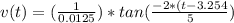 v(t)=(\frac{1}{0.0125})*tan(\frac{-2*(t-3.254 }{5}  )