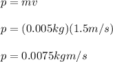 p=mv\\\\p=(0.005kg)(1.5m/s)\\\\p=0.0075kgm/s