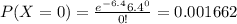 P(X=0)=\frac{e^{-6.4} 6.4^0}{0!}=0.001662