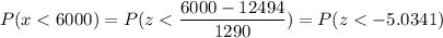 P( x < 6000) = P( z < \displaystyle\frac{6000 - 12494}{1290}) = P(z < -5.0341)