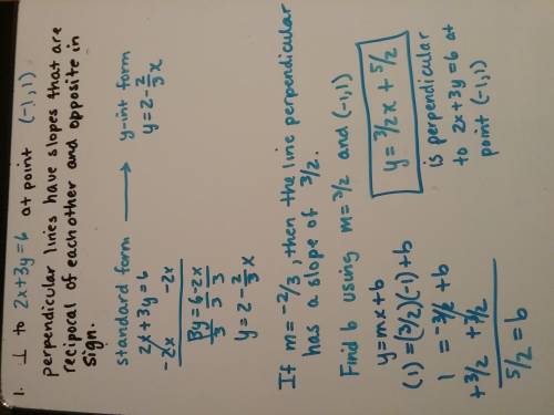 Find the question of the line that is perpendicular to 2x+3y=6 and passes through (-1,1)