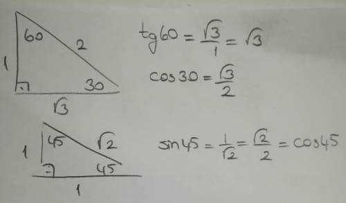 Use a special right triangle to express each trigonometric ratio as a fraction and as a decimal to t