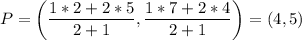 P=\left( \dfrac{1*2 + 2*5}{2+1}, \dfrac{1*7 + 2*4}{2+1} \right)=(4,5)