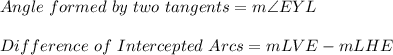 Angle\ formed \ by\ two\ tangents =  m\angle EYL\\\\Difference\ of\ Intercepted\ Arcs=m LVE-mLHE