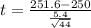 t = \frac{251.6 - 250}{\frac{5.4}{\sqrt{44}}}