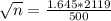 \sqrt{n} = \frac{1.645*2119}{500}